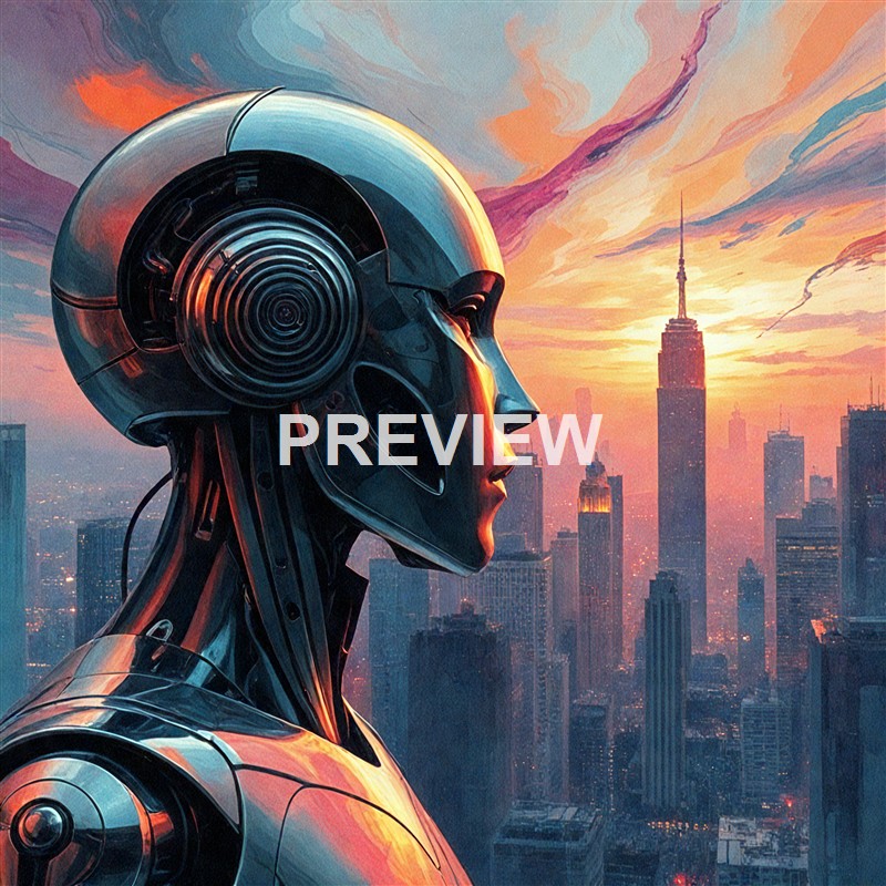 A futuristic robot with a metallic head and sleek design facing a city skyline at sunset, with the Empire State Building visible in the background.